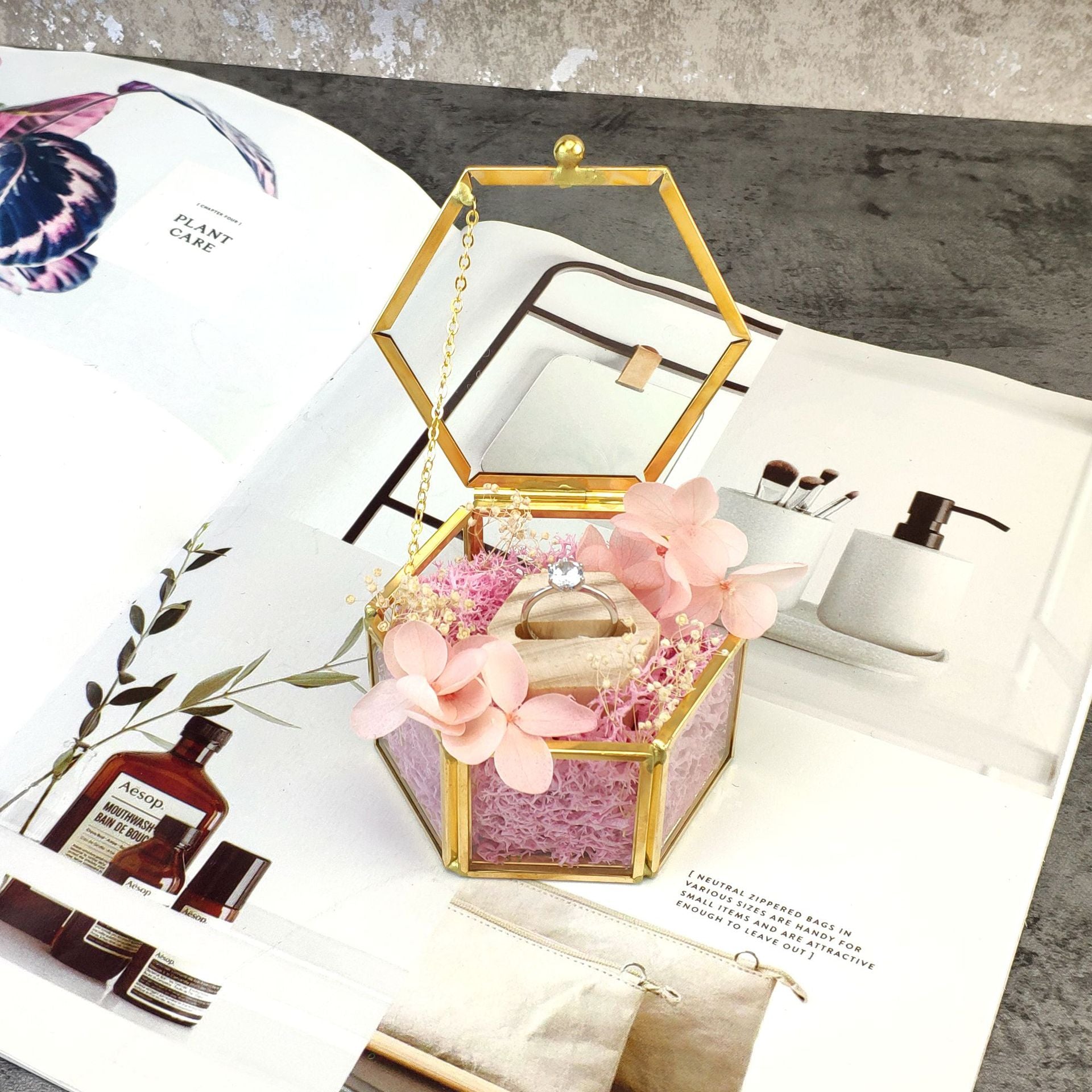 Gold Hexagon Glass Ring Box