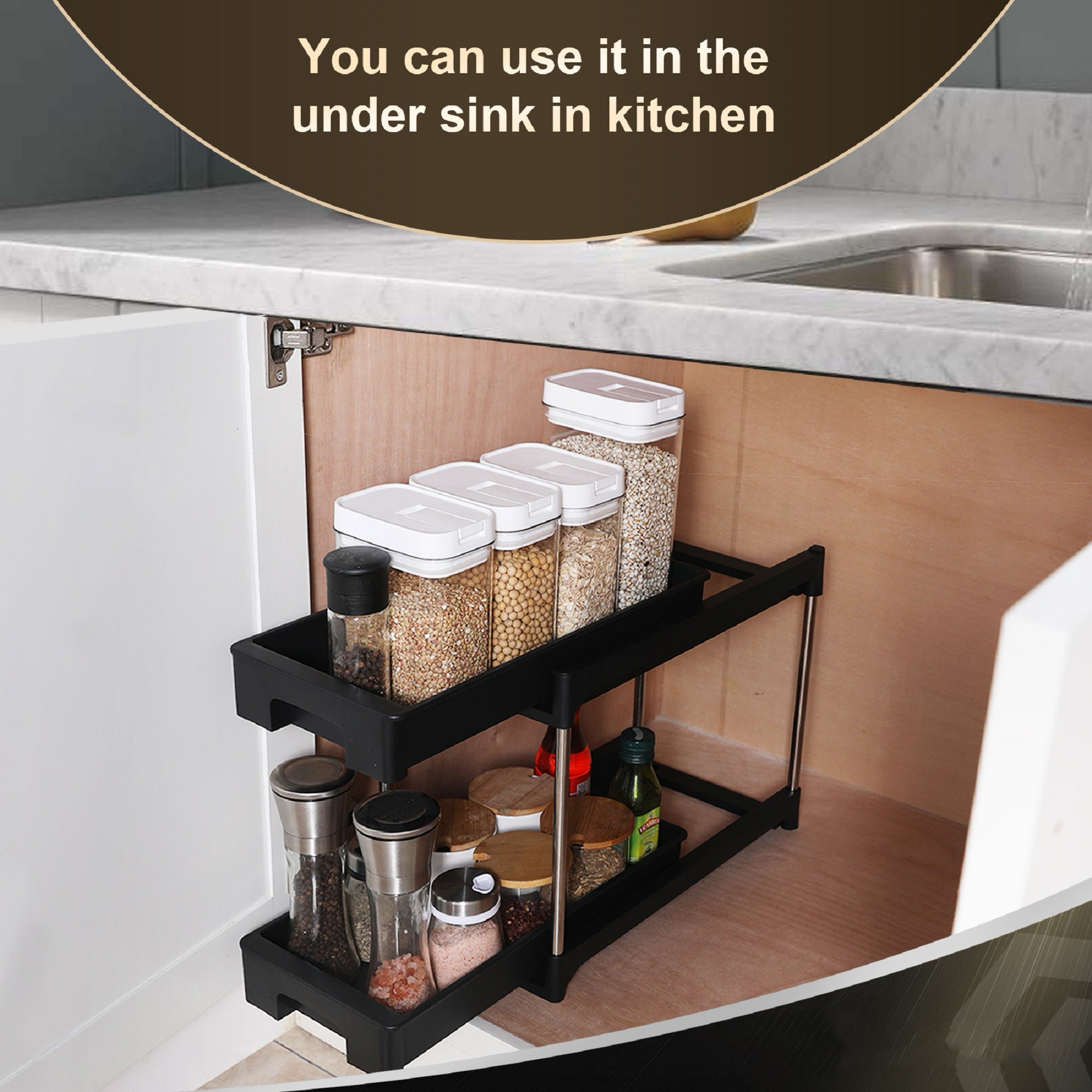 Pull-Out Cabinet Drawer Organizer with 2 Hooks