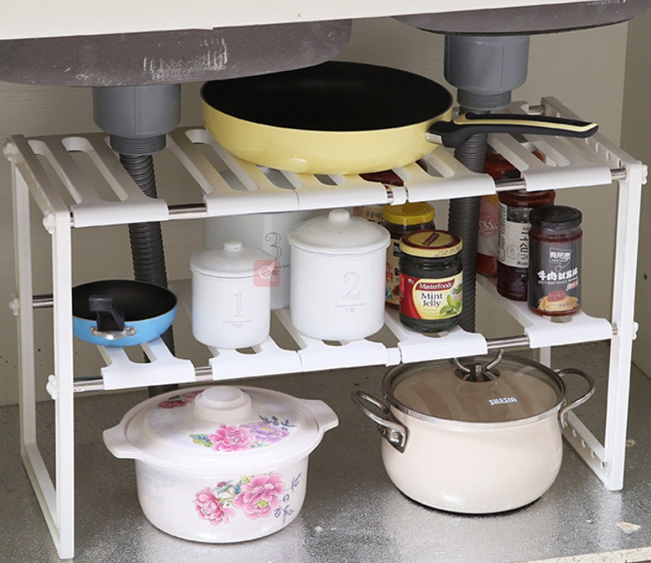 Expandable 2-Tier Under-Sink Shelf, Stainless Frame