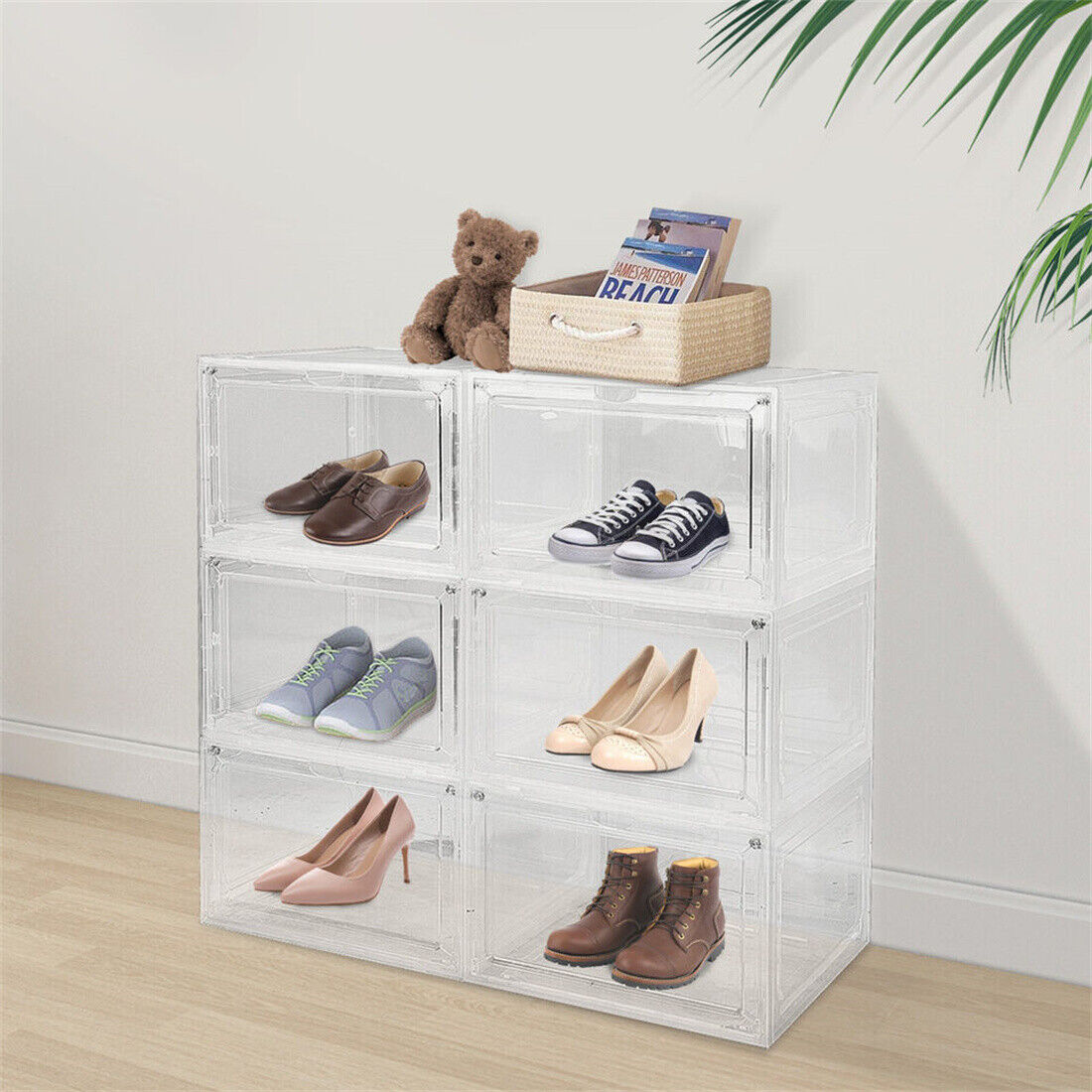 Clear Stackable Shoe Boxes with Magnetic Doors, 6 Pack
