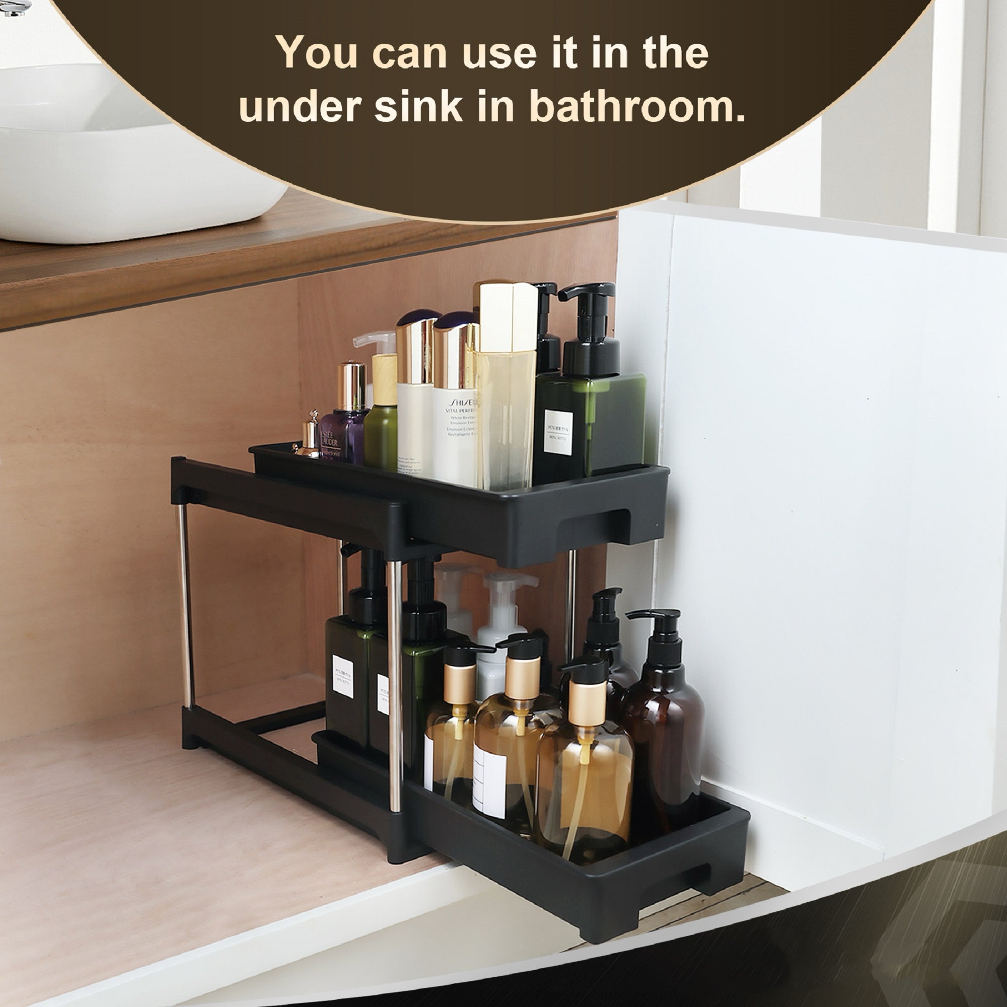 Pull-Out Cabinet Drawer Organizer with 2 Hooks