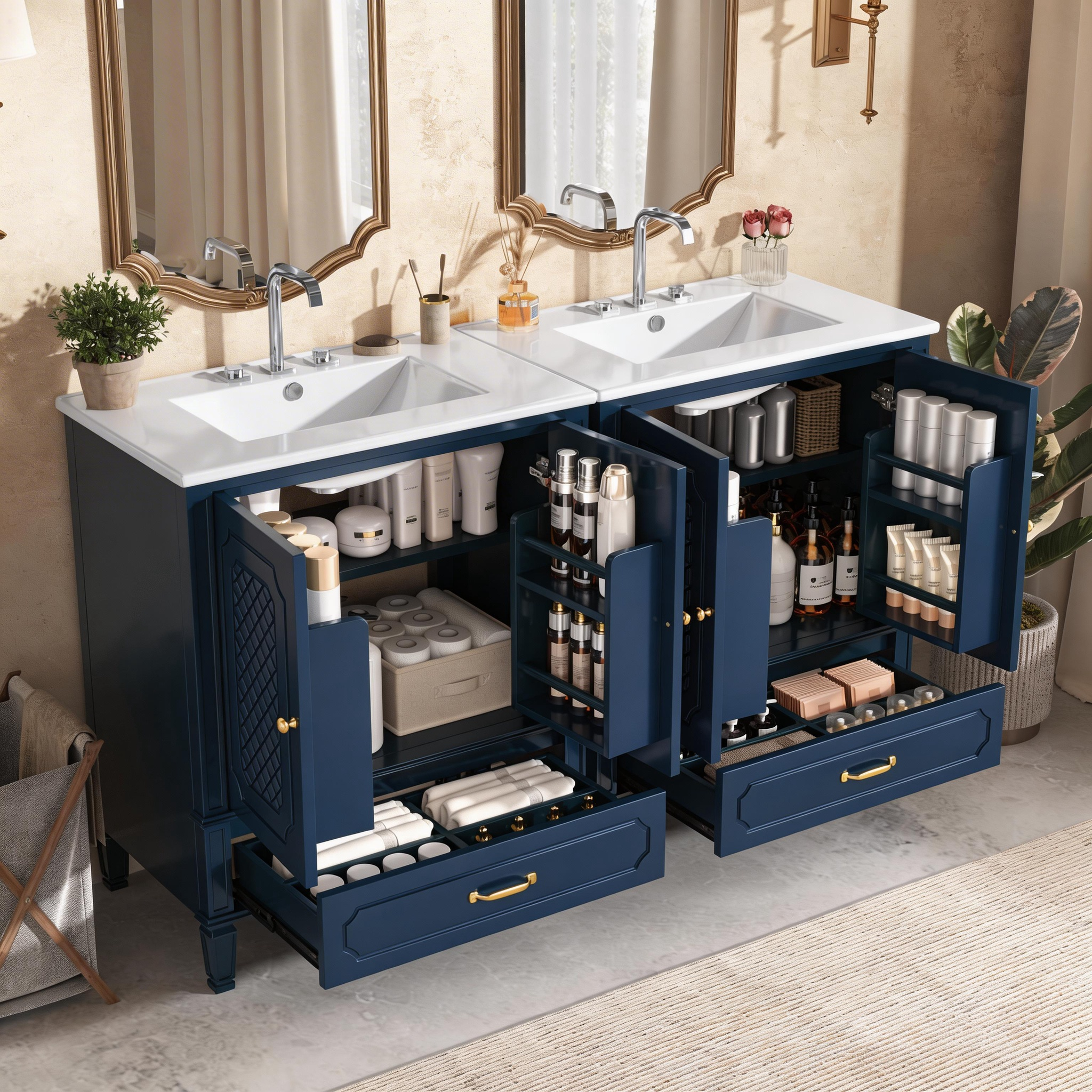 60 in Double Sink Bathroom Vanity Set, Blue