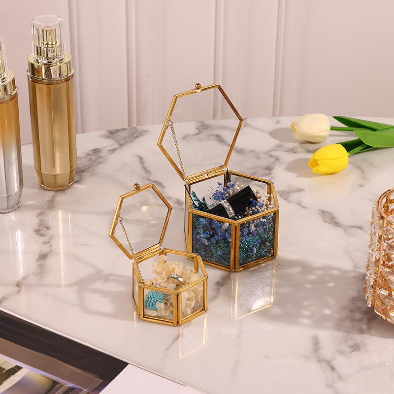 Gold Hexagon Glass Ring Box