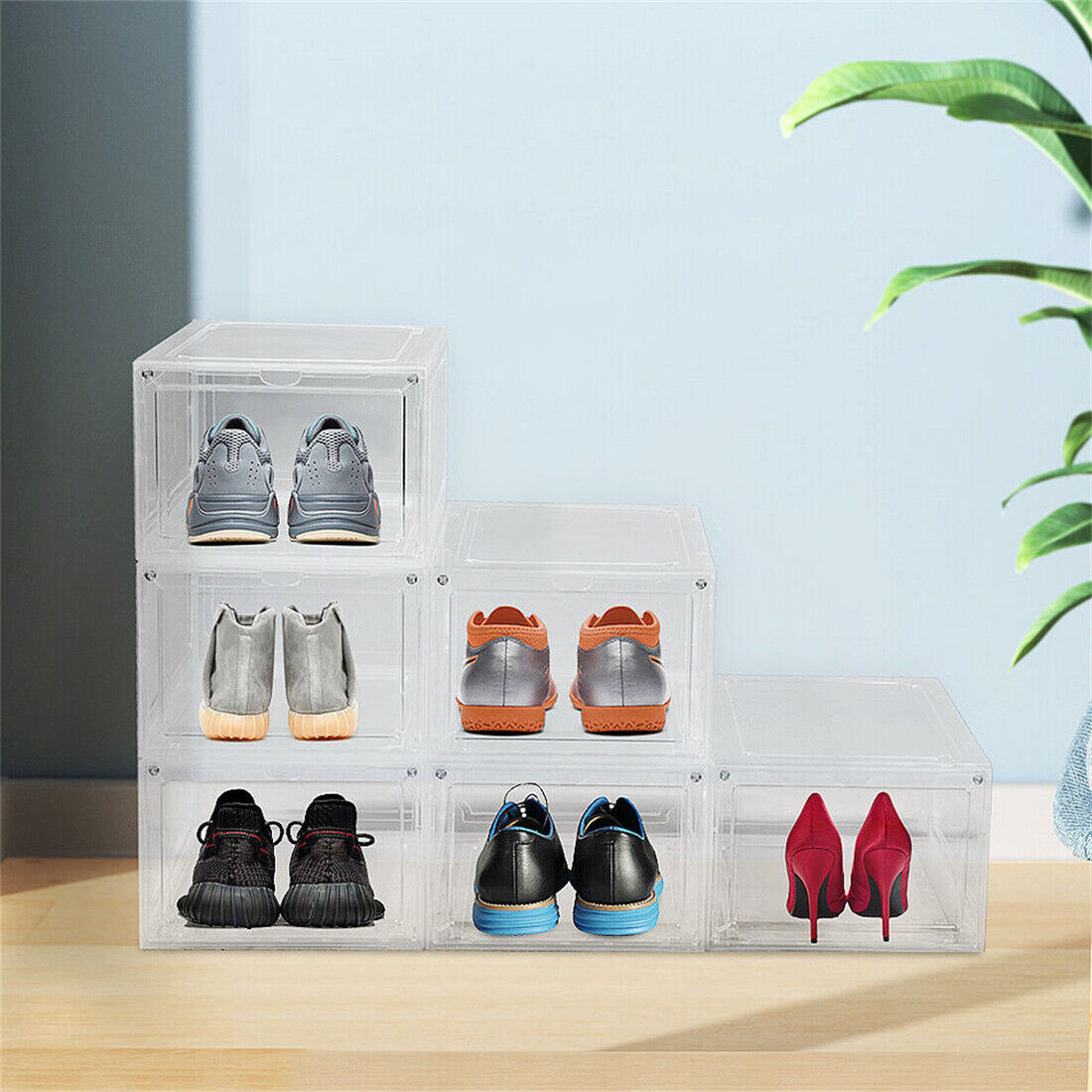 Clear Stackable Shoe Boxes with Magnetic Doors, 6 Pack