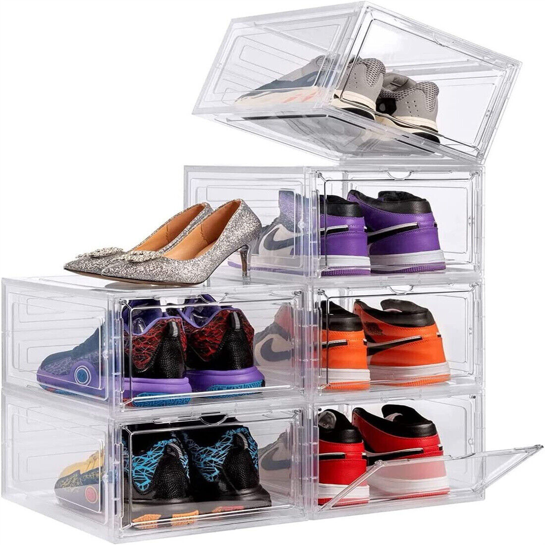 Clear Stackable Shoe Boxes with Magnetic Doors, 6 Pack