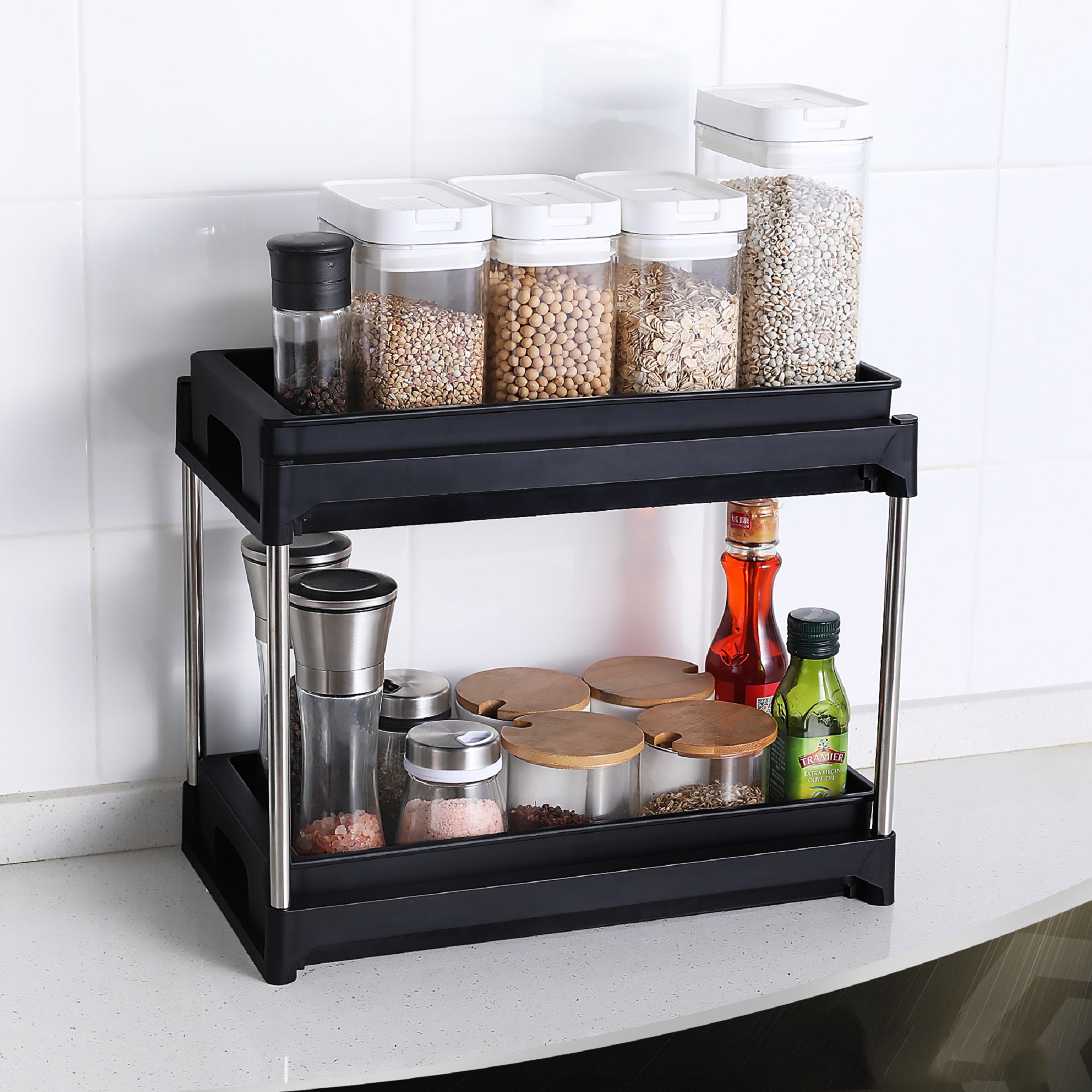 Pull-Out Cabinet Drawer Organizer with 2 Hooks